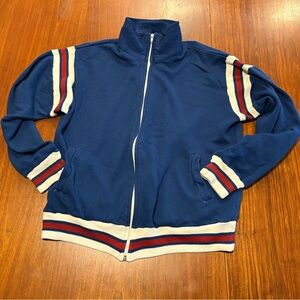 Vintage “Winning Ways” Blue Zip-Up Track Jacket with Striped Sleeves M